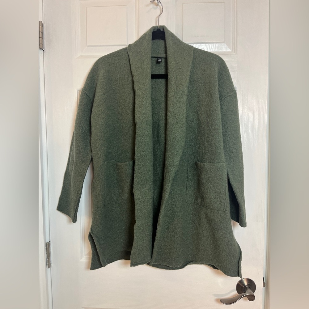 Eileen Fisher Wool Green Open Front Cardigan Sweater size PM